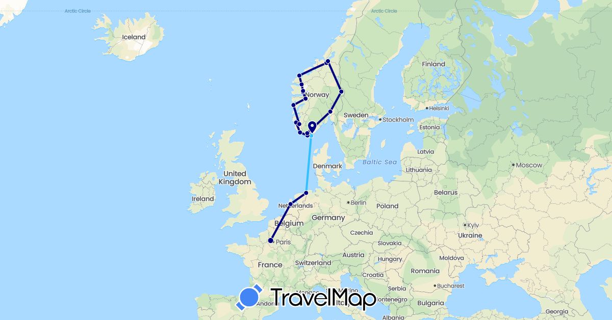 TravelMap itinerary: driving, boat in Germany, France, Netherlands, Norway (Europe)